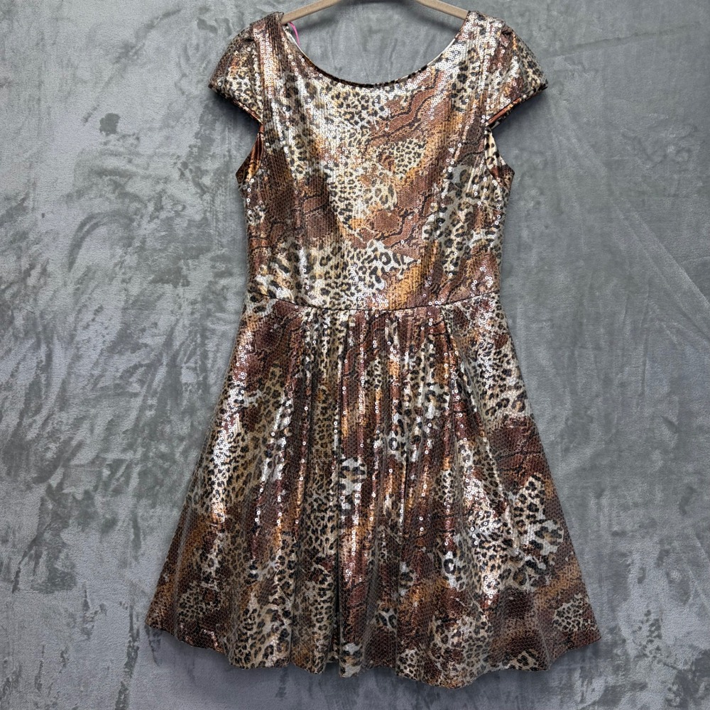 Betsey Johnson Sequins Animal Print Fit Flare Dress Brown Leopard  Size 12
